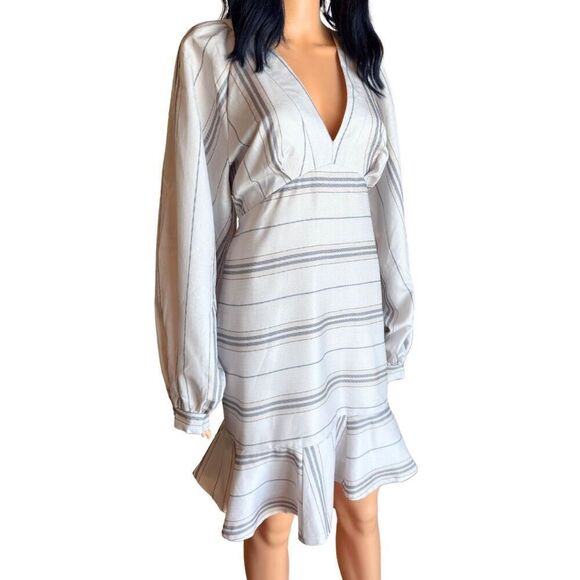 NWT Beulah Striped Long Sleeve V Neck Ruffle Mini Dress - Picture 3 of 6
